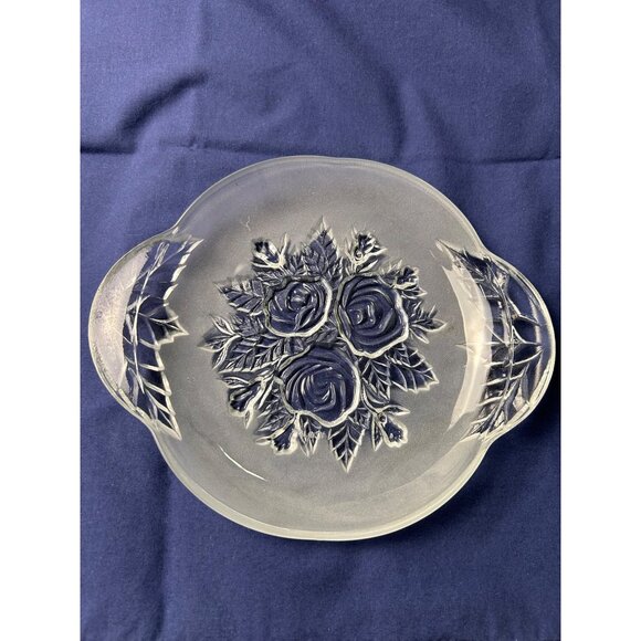 Vintage KIG Crystal Frosted Rose Embossed Glass 8.5” Serving Plate Floral Design - Picture 6 of 7